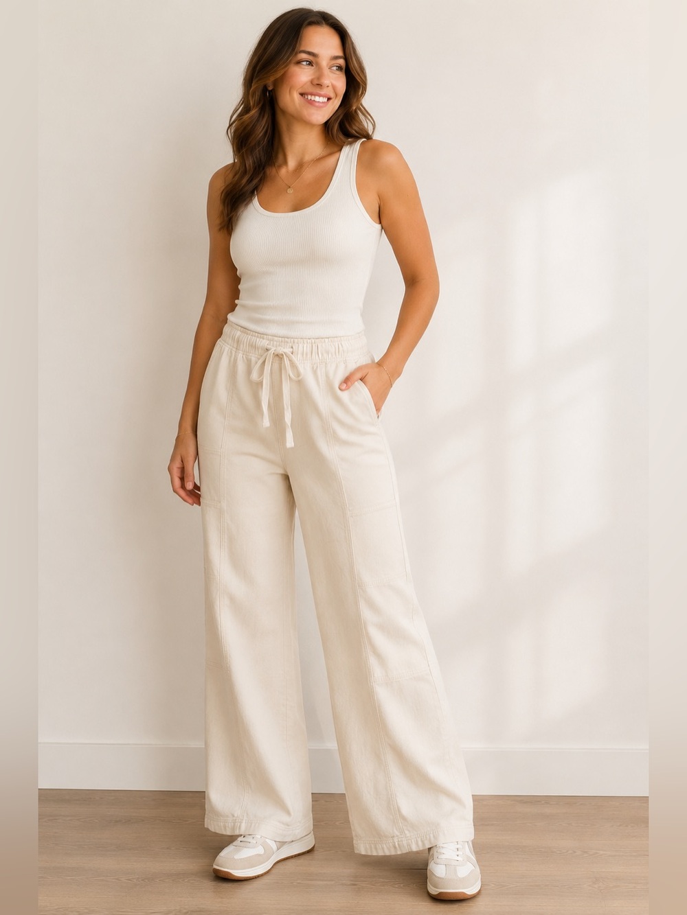 Aerie Cream Pull-On Wide Leg Utility Pants XL